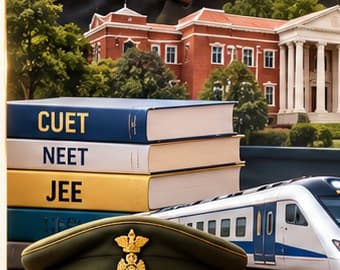 CUET, NEET and JEE books in front of a university building