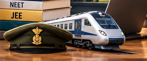 A defence cap and a railway train beside a stack of exam books